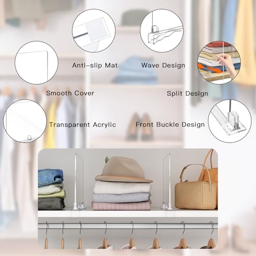 Fixwal 12 PCS Clear Acrylic Closet Shelf Dividers | Detachable shelf organizers for wardrobe organization, wooden shelves, clothes and purse storage