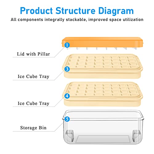 Ice Cube Tray with Lid and Bin, 64 pcs Ice Tray Kit with Ice Scoop, Ice Cube Pop Out Tray, Ice Cube Trays for Freezer, Ice Cube Molds, BPA Free, Easy Release Stackble Spill-Resistant ZZWILLB (Orange)