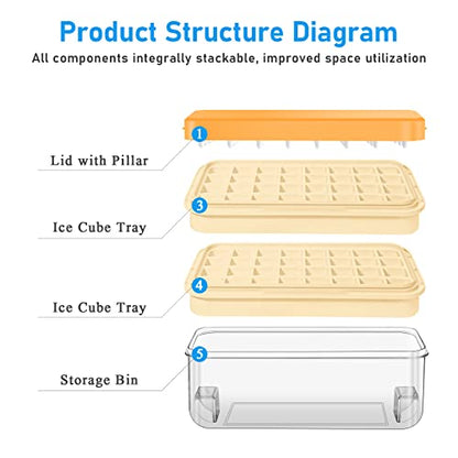 Ice Cube Tray with Lid and Bin, 64 pcs Ice Tray Kit with Ice Scoop, Ice Cube Pop Out Tray, Ice Cube Trays for Freezer, Ice Cube Molds, BPA Free, Easy Release Stackble Spill-Resistant ZZWILLB (Orange)
