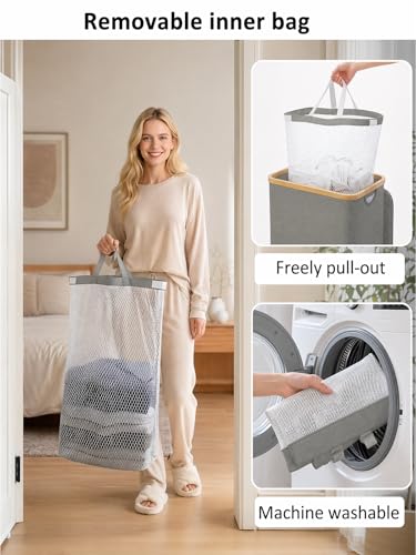 iEGrow Laundry Hamper with Lid, 110L Large Laundry Hamper with Handle and Lid, Collapsible Clothes Basket Organizer with Removable Inner Bag for Clothes Toys Towels - Grey