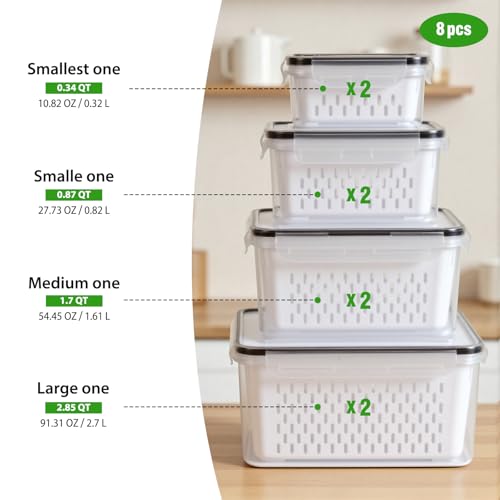 8 PCS Fruit Storage Containers for Fridge, Leakproof Produce Containers