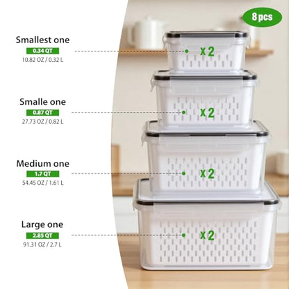 8 PCS Fruit Storage Containers for Fridge, Leakproof Produce Containers