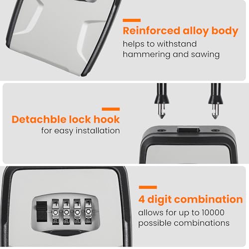 Fayleeko Portable Key Lock Box, Lock Box Wall Mounted for House Key, Car Keys, 6 Key Capacity, Weatherproof Resettable Code (Grey, 1)