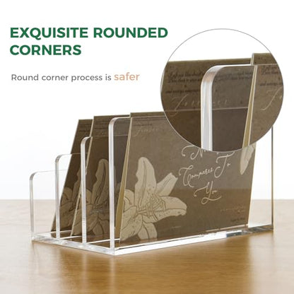 3 Compartments Clear Acrylic Mail Holder – Vertical Letter Sorter & Multifunction Desk Organizer for Bills, Documents, Notebooks – Modern Office/Home Envelope File Rack