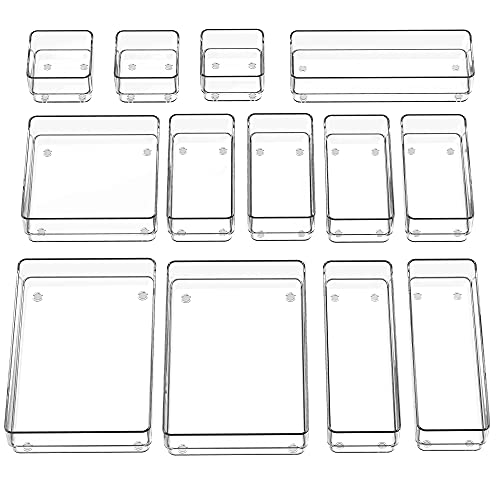 SMARTAKE 13 PCS Drawer Organizer 5-Size Desk Makeup Drawer Organizer Clear | Storage Trays for Makeup with Non Slip Silicone Pads, Jewelries, Utensils in Bedroom Dresser, Office, Kitchen and Bathroom