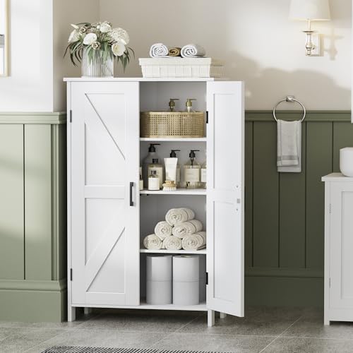 43.3" H Farmhouse Bathroom Storage Cabinet with Adjustable Shelves | Freestanding Storage Cabinet with Barn Doors for Bathroom, Kitchen, Living Room, Dining Room & Entryway, White