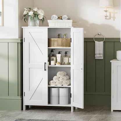 43.3" H Farmhouse Bathroom Storage Cabinet with Adjustable Shelves | Freestanding Storage Cabinet with Barn Doors for Bathroom, Kitchen, Living Room, Dining Room & Entryway, White