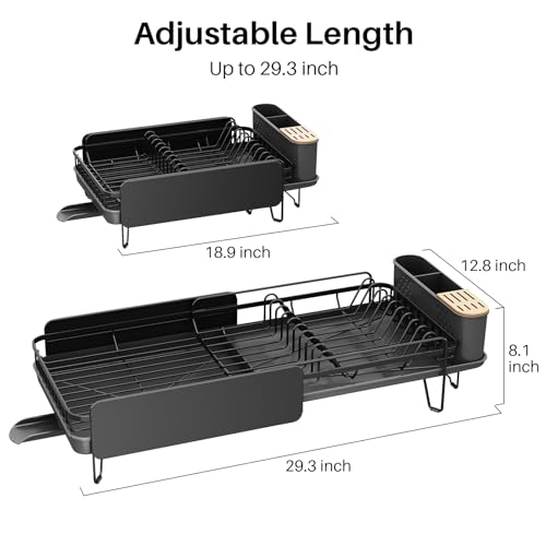 SNTD Large Dish Drying Rack for Kitchen Counter, Expandable, Black | Stainless Steel Dish Drainer, Adjustable Length 18.9''-29.3'', Automatic Drainage, 360° Spout, Cutlery Holder with Knife Slot