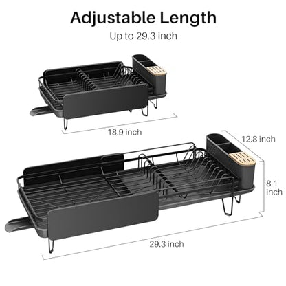 SNTD Large Dish Drying Rack for Kitchen Counter, Expandable, Black | Stainless Steel Dish Drainer, Adjustable Length 18.9''-29.3'', Automatic Drainage, 360° Spout, Cutlery Holder with Knife Slot