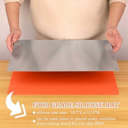 Large Stainless Steel Cutting Boards for Kitchen, Cutting Board with Counter Lip, Cutting Board with Silicone Mat for Meat, Fruits, Vegetables, Bread (15.7 x 11.8 Inch)