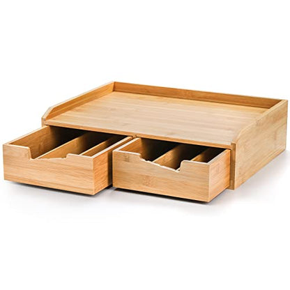 SOUJOY Bamboo 2 Drawer Coffee Pod Organizer with Side Box for K Cup Tea Bag | Space-Saving, Eco-Friendly, Natural Bamboo Organizer for Kitchen Counter, Coffee Bar, Office