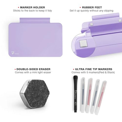 TOWON Small Desk Whiteboard 8x6 in Glass, Mini Standing Easel, Purple | Tempered writing surface, 5 markers, double-sided eraser and adhesive holder, non-slip pads, for dorm, home schooling, gifts