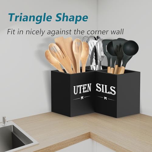 Extra Large Utensil Holder Countertop for Kitchen Counter,Wood,Black | Hold 40 Utensils,3 Removable Divider,Rutic Silverware Organizer Caddy,Spacesaving,Farmhouse Cooking Crock for Spatula,Spoon