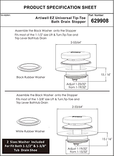 Universal Tip Toe Bath Drain Stopper and Cover, Bathtub Drain Stopper, Replaces Lift and Turn, Tip-Toe and Trip Lever drains for Tub, EZ Installation and Clearing (MATT Black)