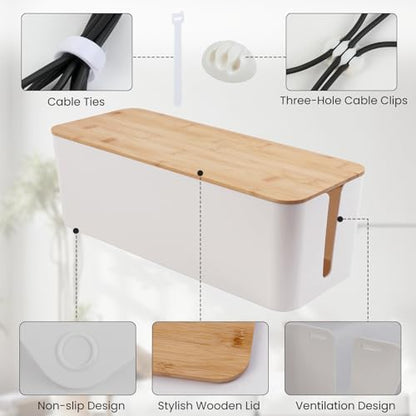 2 Pack Cable Management Box - Cord Organizer Box with Wooden Lid for TV Wires, Power Strips, Router, USB Hub & Under Desk Power: Baby & Pet Proof Cord Management, Cord Hider for Home & Office (White)