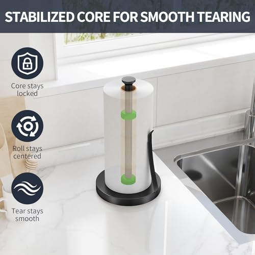 Countertop Paper Towel Holder for Kitchen, Black Tension Arm | One-Handed Tear, Stainless Steel Paper Towel Holder Stand for Bathroom Laundry Room Workshop