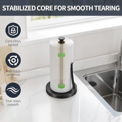 Countertop Paper Towel Holder for Kitchen, Black Tension Arm | One-Handed Tear, Stainless Steel Paper Towel Holder Stand for Bathroom Laundry Room Workshop
