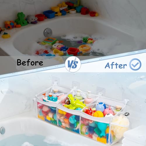 Extra Large Bath Toy Organizer with 3 Compartments and Multiple Pockets, Quick-Dry Mesh Bathtub Storage for Kids' Toys