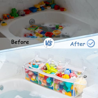 Extra Large Bath Toy Organizer with 3 Compartments and Multiple Pockets, Quick-Dry Mesh Bathtub Storage for Kids' Toys