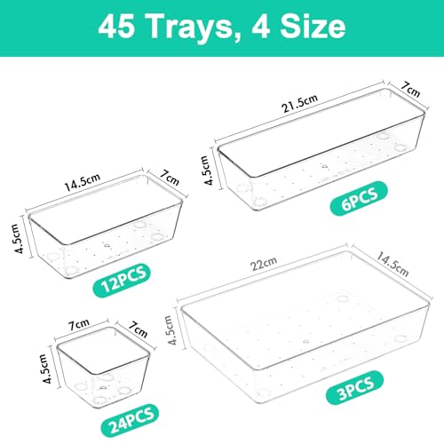 45Pack Makeup Drawer Organizers Set, 4Sizes acrylic desk organizer trays for vanity, bathroom, office, nightstand, junk for kitchen drawer, Versatile plastic drawer divider storage bins