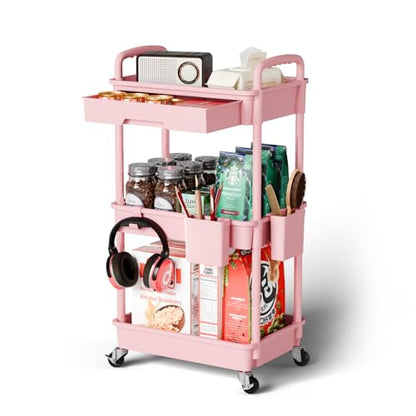Sorgion 3 Tier Rolling Cart Organizer,Laundry Room Bathroom Organizers and Storage Office Shelves Mobile Shelving Unit Kitchen Trolley Cart with Wheels for Art,Craft,Diaper,Bedside,Snack(Pink)