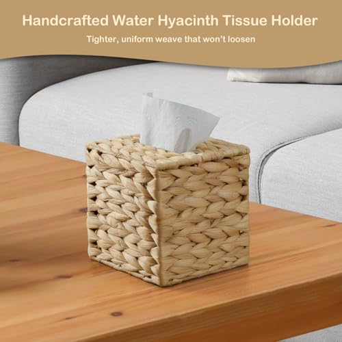 Tissue Box Cover Square, Water Hyacinth Hand-Woven Tissues Cube Box Holder, Woven Facial Tissue Holder for Bathroom Counter, Vanity, Bedroom, Office, Natural Boho Decorative