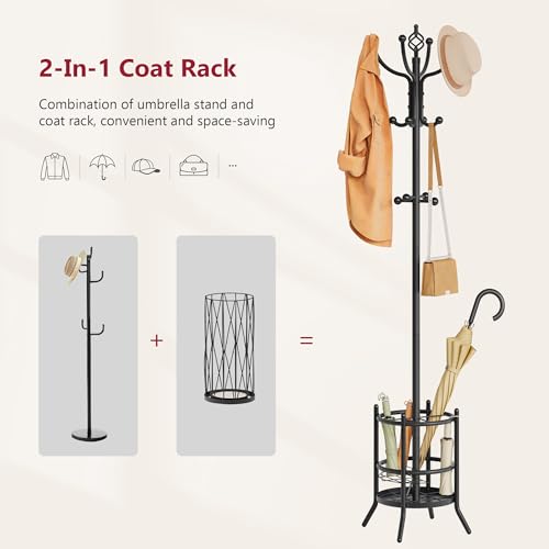 Coat Rack with Umbrella Holder, Coat Stand With 16 Hooks, Black | 2-In-1 Design, Coat Tree Freestanding, Durable & Stable, Space-Saving, For Living Room, Bedroom, Office
