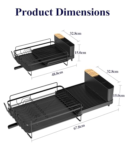 Kitsure Extendable Dish Drying Rack, 19.2"-26.7" L x 12.9" W, Black | Large Dish Rack, Multifunctional Dish Rack for Kitchen Counter, Anti-Rust Dish Drainers with Cutlery & Cup Holders