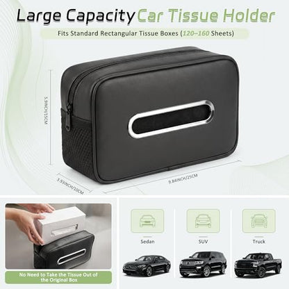 Car Tissue Box Holder PU Leather Car Organizer with Side Storage Pockets | Tissue Box Cover, Fits 120-160 Standard Rectangular Tissue Boxes, Large Capacity Backseat Tissue Organizer for Car SUV Truck