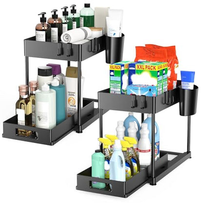 2 Pack Under Sink Organizer with Pull-Out Drawer, Black | 2-Tier Cabinet Storage, Kitchen & Bathroom, Tool-Free Assembly, Fits Cleaning Supplies & Toiletries, Space Saving