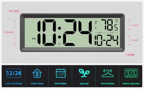 14” Large Digital Wall Clock Battery-Operated with Temperature, Date, DST | Big Digital Clock for kitchen, farmhouse, bedroom, bathroom, classroom, office, living room - Modern, Silent, Easy-to-Read