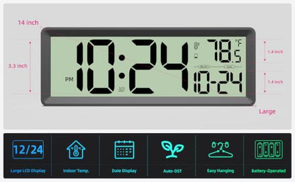 14” Large Digital Wall Clock Battery-Operated with Temperature, Date, DST | Big Digital Clock for kitchen, farmhouse, bedroom, bathroom, classroom, office, living room - Modern, Silent, Easy-to-Read