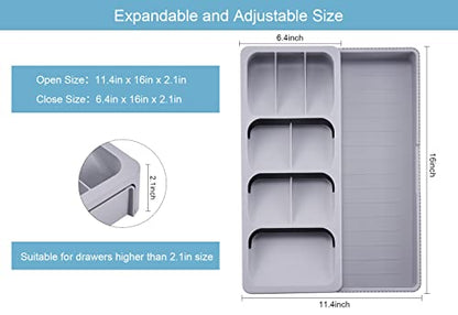 Expandable Kitchen Drawer Organizer, Adjustable Cutlery Trays and Utensil Holder, Kitchen Drawer Dividers Storage for Silverware, Flatware, Knives, Spoons, Gray
