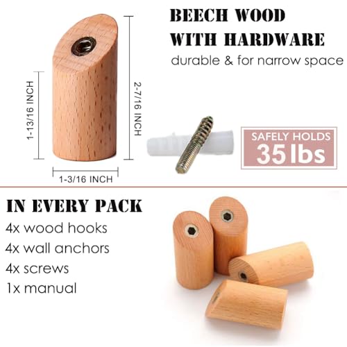 Felidio Wood Wall Hooks, 4 Pack Coat Hooks Mounted Rustic Wooden Heavy Duty Robe Hook Hat Rack | for Hanging Bathroom Towels Clothes Hanger (Beech Wood)