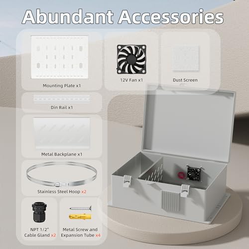 Joinfworld Vented Outdoor Enclosure Box 18.1x12.6x6.4 White | ABS Weatherproof WiFi Enclosure with 12V Fan, DIN Rail, Dustproof Design & Wall/Pole Mounting