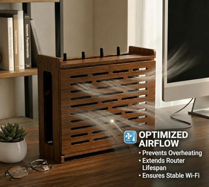Jacob & Lane Decorative WiFi Box Hider - Bamboo Router and Modem Storage - Wall Mountable Wooden Shelf to Hide Router Modem Box with Cable Management (Up to 11" Tall) (Espresso)