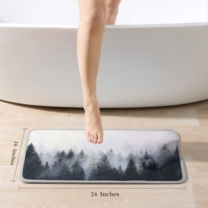 ORTIGIA Misty Forest Bathroom Rug, 16x24 Black Thin Bath Mat Doormat Floor Mat Absorbent Quick Dry Non Slip, Diatomaceous Mud Mats with Rubber Backing for Shower Tub Sink Laundry Kitchen Doorway