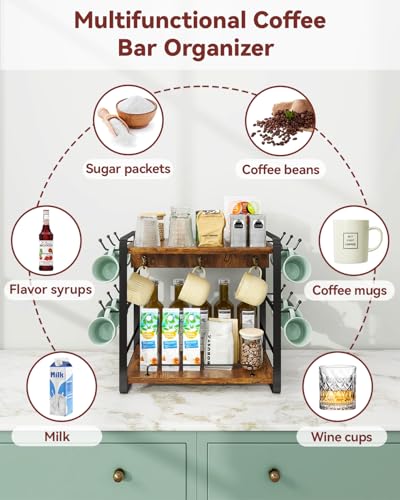 IBUYKE Kitchen Mug Cup Holder,2 Tier Coffee Bar Organizer,Brown TBJ006H | Coffee Bar Station Countertop Organizer Coffee Mug Stand with 18 Hooks,Multifunctional Mug Tree for Home Kitchen Office