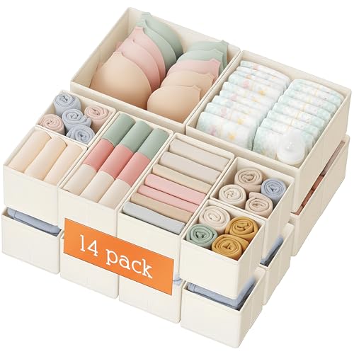 Drawer Organizer Clothes, 14 Pack Dresser Organizer for Baby Clothes, Underwear, Sock- Foldable Closet Organization and Storage Dividers Bins for Nursery, Bedroom and Dorm (Beige)