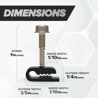 THE CIMPLE CO Mini Screw-in Cable Clips and Fasteners - Indoor/Outdoor Single Screw Clips - 3mm Wire Clamps for Fiber Optic Cables and Thermostat, Ground Wires - 3 mm (1/10 Inch), Black, 100 PCS