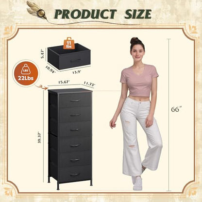 WLIVE Tall Dresser for Bedroom, 6 Drawer Dresser, Black | 6 vertical fabric drawers, Tall vertical design, Bedroom or closet use, Dresser for small spaces, Chest of drawers