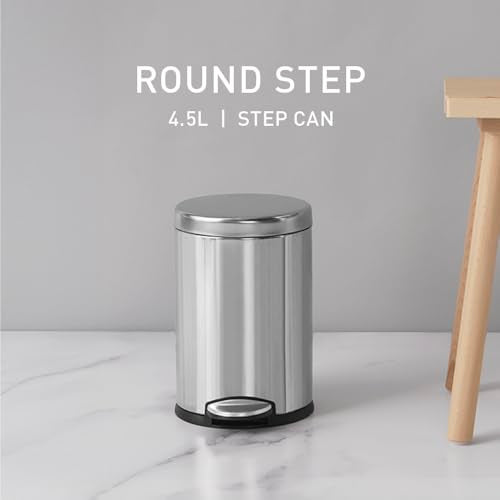 simplehuman Round Step Can, 4.5L / 1.2 Gallon Compact Bathroom Trash Can, 150,000-Step Pedal, Lid Shox® Silent Close, Removable Inner Bucket, Brushed Stainless Steel