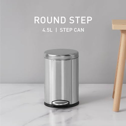 simplehuman Round Step Can, 4.5L / 1.2 Gallon Compact Bathroom Trash Can, 150,000-Step Pedal, Lid Shox® Silent Close, Removable Inner Bucket, Brushed Stainless Steel