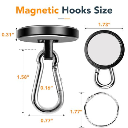 Strong Magnetic Hooks Heavy Duty 200LBS+ Black Swivel Magnet Hook | Neodymium Magnets with Carabiner Hook Magnet Hooks for Curtain Workplace 4 Pack