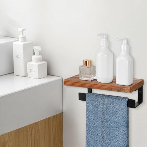 Hand Towel Holder/Towel Ring with Wooden Shelf, Hand Towel Rack, Hand Towel Hanger for Bathroom, Bath Accessories Wall Mounted, (Matte Black, 9"-Squ Shaped)