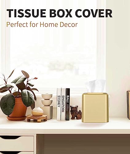 Tissue Box Cover, Square Metal Tissue Box Holder Modern Decor Facial Napkin Holder Tissue Box Dispenser for Bathroom Vanity Countertop, Living Room, Bedroom, Office - Gold