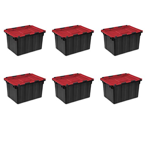 Sterilite 12 Gal Hinged Lid Industrial Tote, Stackable Storage Bin with Hinge Lid, Plastic Container to Organize Basement, Black with Red Lid, 6-Pack | Heavy-Duty and Stackable Utility Box Containers for Home, Office, and Basement Organization, Black/Red