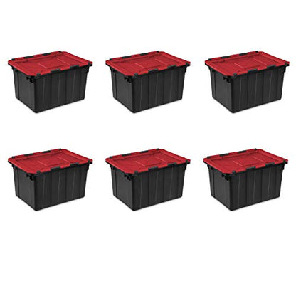 Sterilite 12 Gal Hinged Lid Industrial Tote, Stackable Storage Bin with Hinge Lid, Plastic Container to Organize Basement, Black with Red Lid, 6-Pack | Heavy-Duty and Stackable Utility Box Containers for Home, Office, and Basement Organization, Black/Red