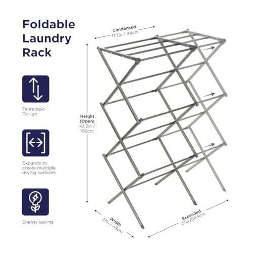 BLACK+DECKER 3 Tier Expandable Collapsing Foldable Laundry Rack for Air Drying Clothing, Space Saving Heavy Duty Lightweight Metal Drying Rack(Silver)