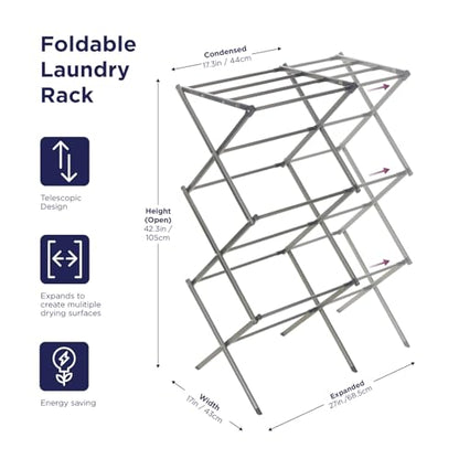 BLACK+DECKER 3 Tier Expandable Collapsing Foldable Laundry Rack for Air Drying Clothing, Space Saving Heavy Duty Lightweight Metal Drying Rack(Silver)
